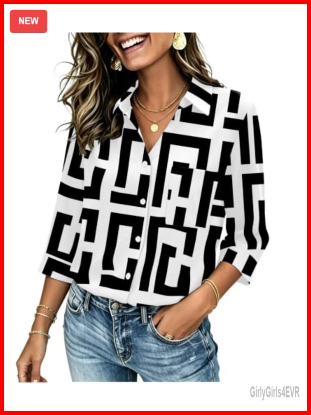 Women's 3/4 Sleeve Button Down Blouse V Neck Office Top
